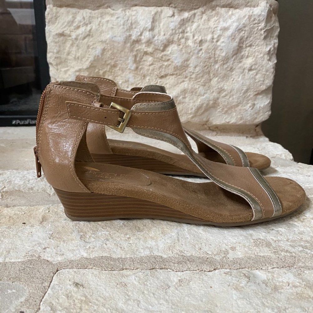 Camel and Metallic Wedge Sandals